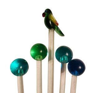 5 Glass and Plastic Stir Swizzle Sticks Colorful Parrot and Ball Designs